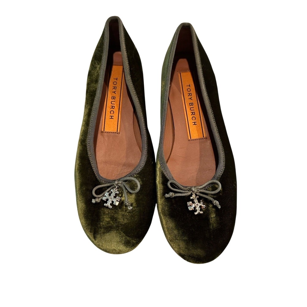 TORY BURCH  TORY CHARM‎ BALLET VELVET FLATS SIZE 7.5 GREEN